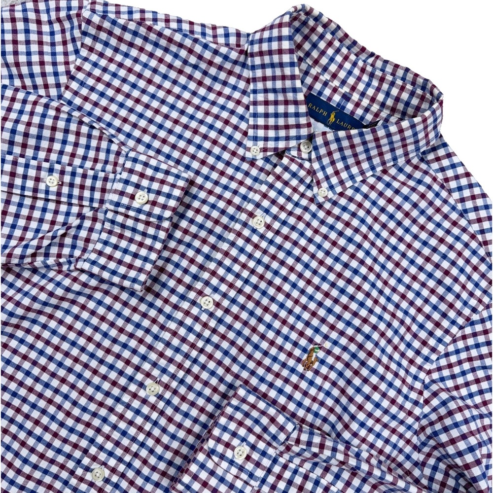 Ralph Lauren Oxford Shirt Men Large Red Blue Check Button Up OCBD Flesh Pony A54